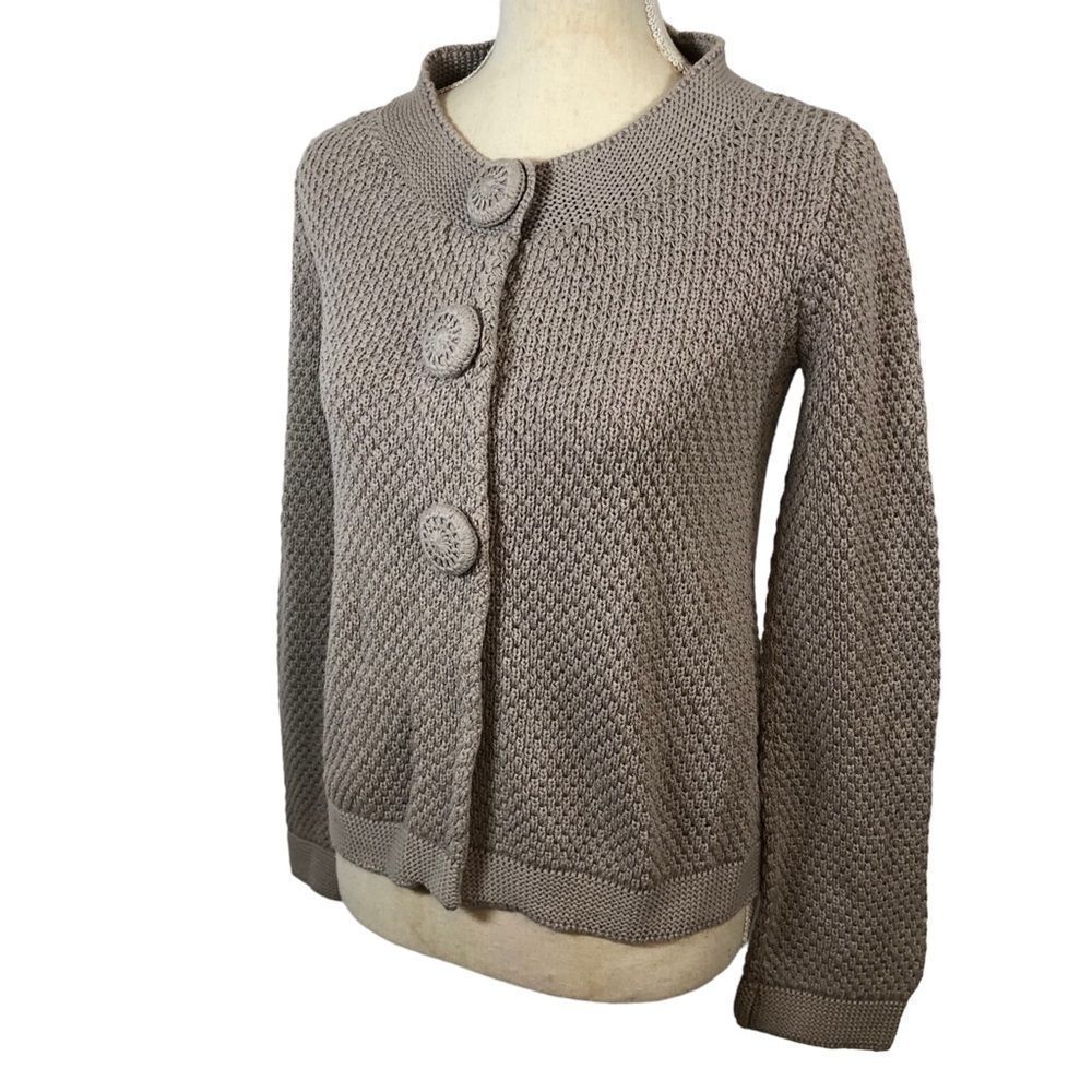 Boden Cardigan Sweater 100% Cotton 3 Large Knit Buttons Taupe Size 6